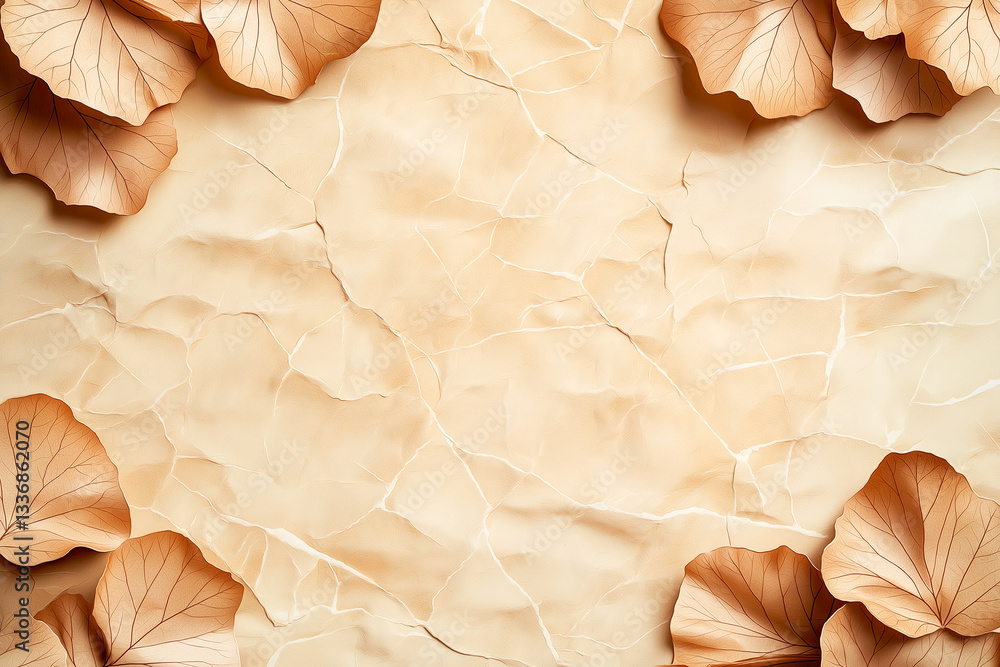 Poster textured background with crumpled paper and dried leaves, creating warm, natural aesthetic. perfect 