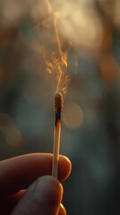 Ignited matchstick with flickering flame and glowing edges, showcasing warmth, fire hazard, and illumination, ideal for branding materials, artistic book style