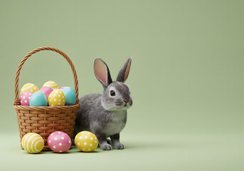 Easter eggs in a basket and a grey rabbit. Green background with copy space.