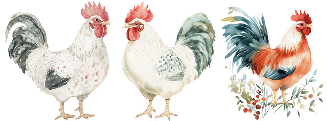 Farm rooster chicken cock hen cute clipart watercolour drawing pastel tones illustration with springtime plants and flowers isolated on transparent background