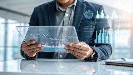 Bussiness technology communication networking data Business professional analyzing data on a digital tablet with graphs and charts.