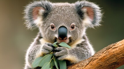 Fototapeta premium A cute koala holding eucalyptus leaves while perched on a branch