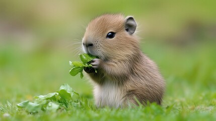Fototapeta premium Cute rabbit eating greens in nature close-up outdoor scene