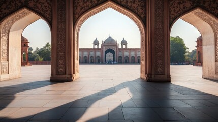 Fototapeta premium A grand structure framed by ornate arches and architectural details