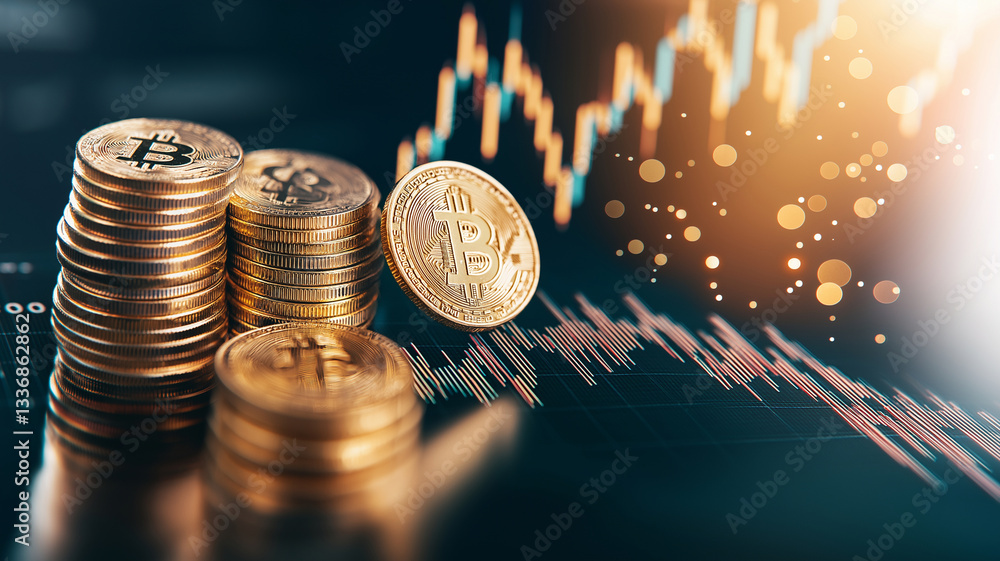 Poster stacks of gold coins with bitcoin symbols are displayed in front of rising stock chart, symbolizing 