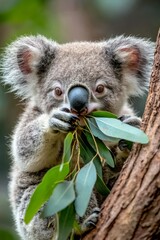 Fototapeta premium A cute koala munching on eucalyptus leaves while perched on a tree