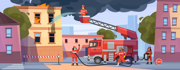 Firefighters battling a blaze in a city building with a fire truck on scene during daytime. Cartoon vector illustration of emergency response scene depicting a natural disaster.