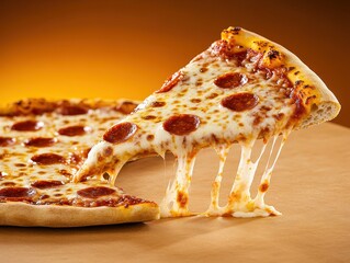 Delicious pepperoni pizza slice being pulled from a whole pizza on a wooden surface