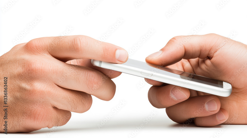 Poster two hands interacting with smartphone, showcasing connection and technology. focus is on touch scree