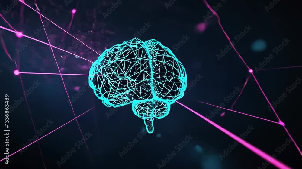 Poster abstract portrayal of a neural network featuring a digital brain interconnected with glowing lines, 
