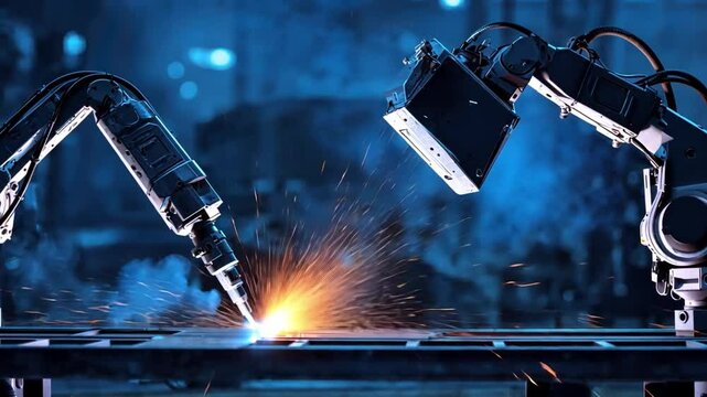 Advanced Robotic Arm Engaged in Precision Welding Process in a High-Tech Industrial Environment During Night Operations Featuring Sparks and Blue Aesthetic
