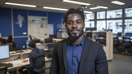 Obraz premium confident man in suit stands in modern office environment, showcasing professionalism and ambition. background features colleagues working at desks, emphasizing collaborative atmosphere