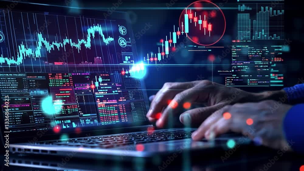 Poster hands on a laptop displaying stock market data analysis with colorful graphs and charts in a financi