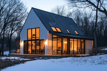 Modern farmhouse, nestled in winter wonderland.  Exterior, evening light highlights warm interior