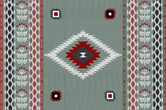        Ikat seamless pattern. Ethnic South Western decor style. Ikat Boho geometric ornament. Vector seamless pattern. Mexican blanket, rug. Woven carpet