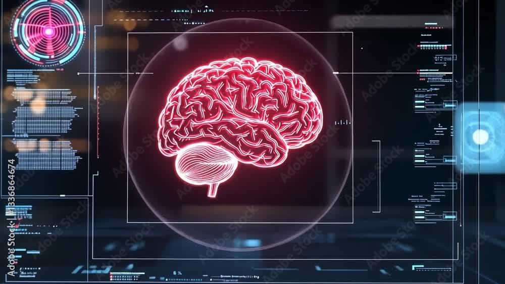 Poster futuristic neon brain visualization on digital interface with data analytics and graphical represent
