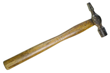 vintage wooden carpenter hammer with weathered metal head isolated on transparent background.