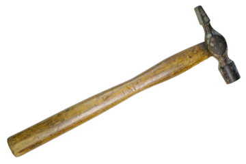 vintage wooden carpenter hammer with weathered metal head isolated on transparent background.