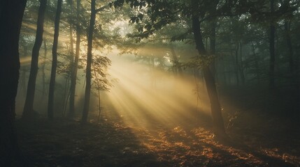 Fototapeta premium Sunbeams pierce misty forest at dawn.