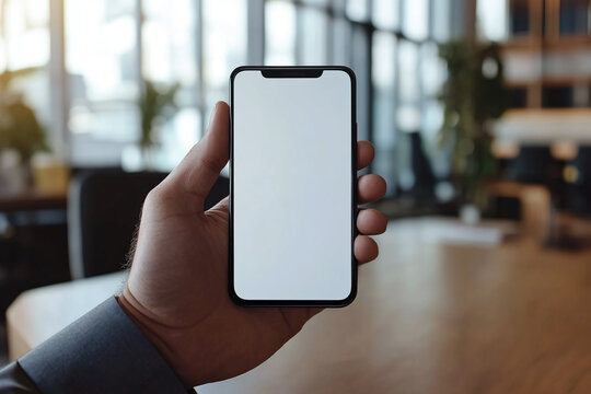 A professional man uses a smartphone in an office, with a clear virtual screen in front of him and ample empty space.