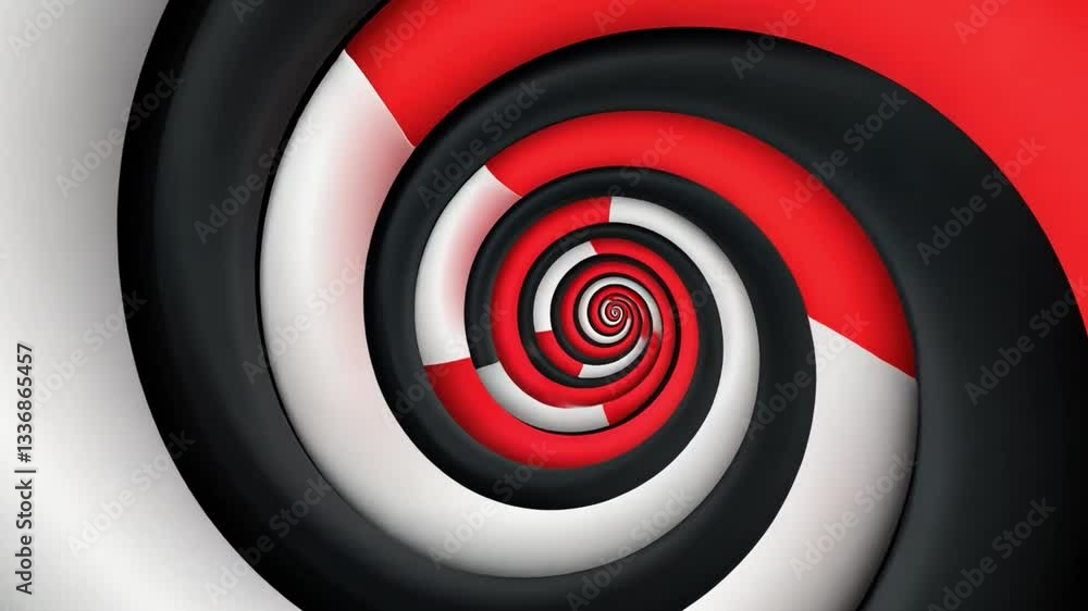 Poster abstract spiral design in red, black and white color scheme creating a visual illusion and depth eff