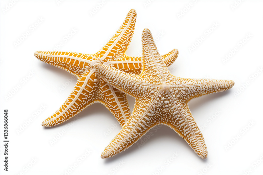 Poster two starfish with intricate patterns and vibrant colors are isolated on white background, showcasing
