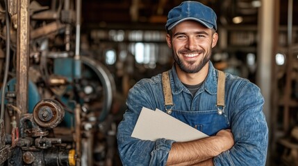 cheerful young man in a denim shirt and cap stands in a busy workshop, confidently holding a folder. environment showcases various industrial machines, reflecting an active work setting