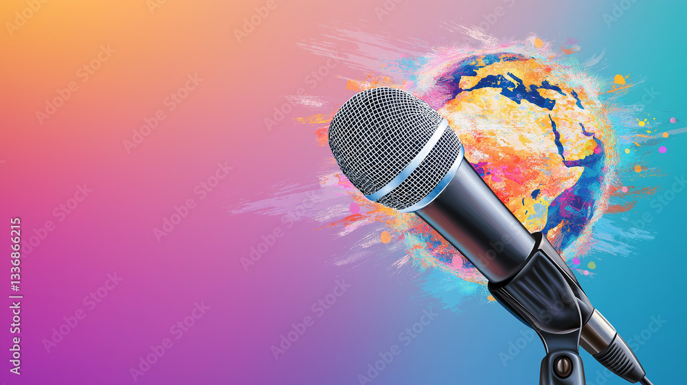 Poster vibrant microphone stands against colorful globe backdrop, symbolizing global communication and conn