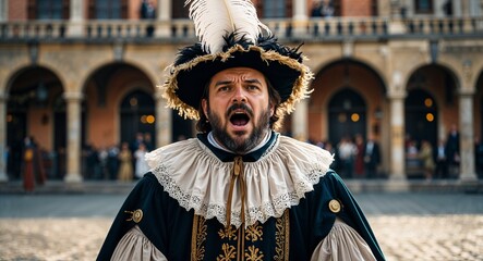 Town crier in feathered hat shouting news in square background