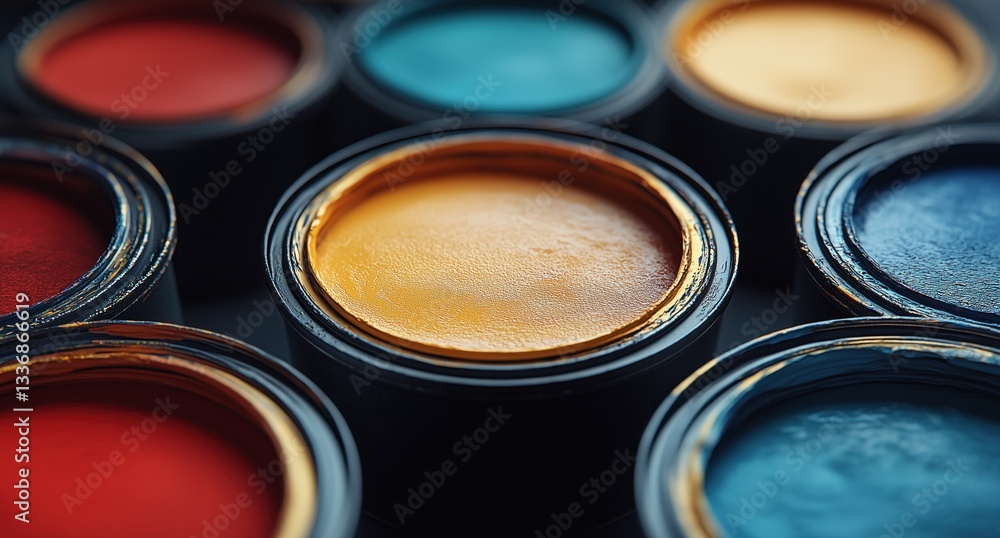 Poster bright, circular containers filled with various paints are neatly arranged