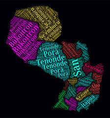 Paraguay Regions Word Clouds. Bright neon style design on dark background. Region names of the country in Spanish language. Country shape with administrative division. Trending vector illustration.