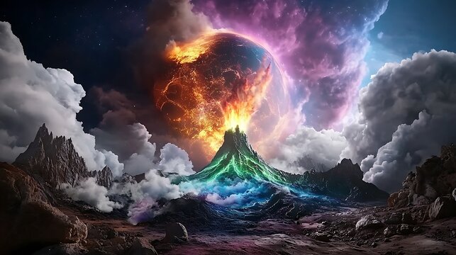 Erupting neon green volcanoes on a futuristic exoplanet breathtaking alien landscapes