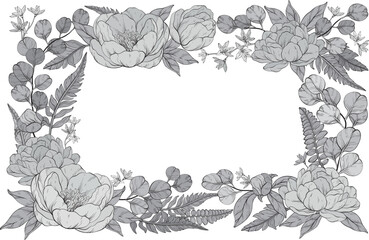 Fototapeta premium A monochrome floral vector illustration of a square frame adorned with lush delicate peonies, small flowers, and eucalyptus leaves, elegantly arranged with fern accents, set on white background