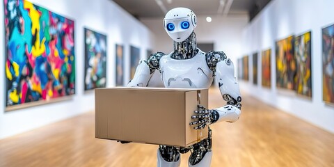 AI robot employee carrying box full of paintings 