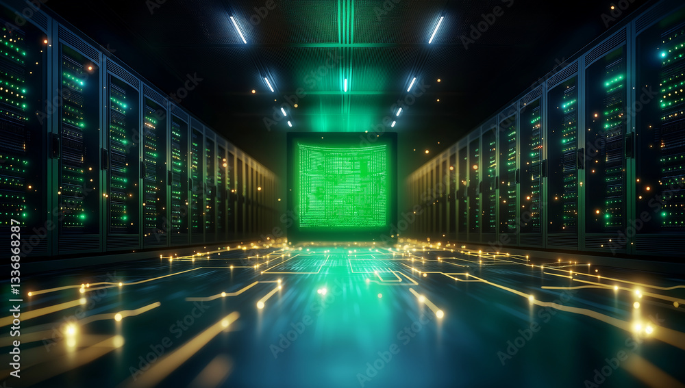 Poster modern server room featuring illuminated servers and glowing central processor. atmosphere is high t