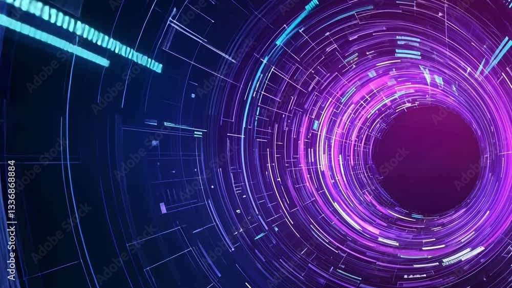 Poster dynamic abstract digital background with colorful lines and circular patterns creating a futuristic 