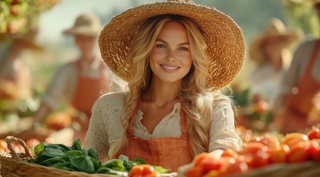 woman with long hair wearing a straw hat smiles as she holds a basket of ripe tomatoes in a vibrant farm setting