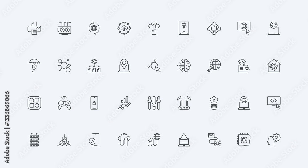 Poster server and computer, code security thin black outline symbols vector illustration. information techn