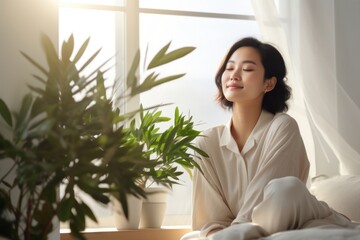 Fototapeta premium Houseplants at home adult woman contemplation.