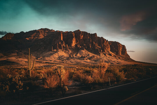 Superstition Mountains in Apache Junction, Arizona, just east of Phoenix, at dusk. 
