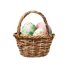 Fototapeta premium Vintage Watercolor Easter Basket with Festive Eggs. Festive holiday illustration