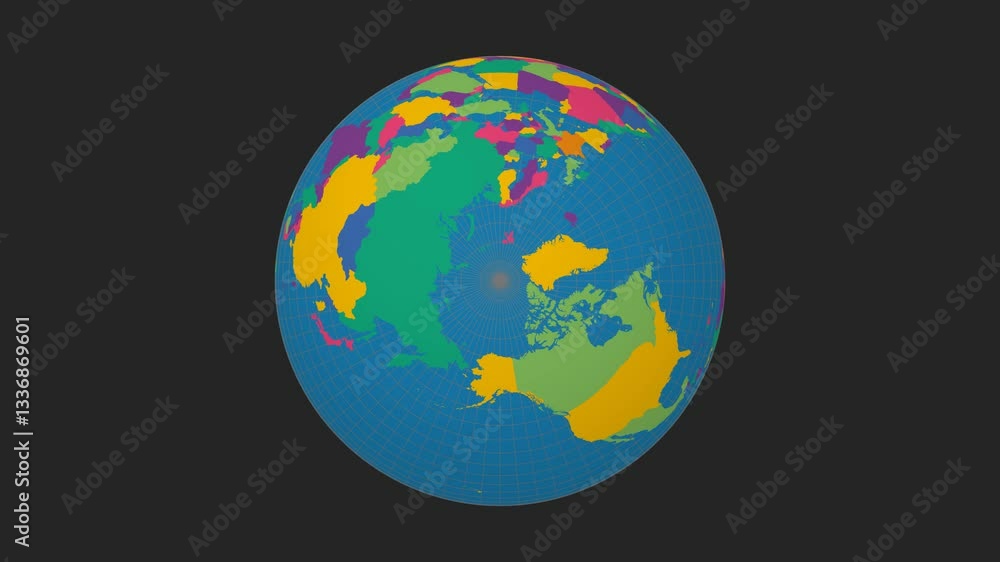 Aufkleber rotating planet. north pole sphere view. slow speed planet rotation. colored countries style. world 