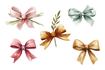 Set of bows painted in watercolor style isolated on white background