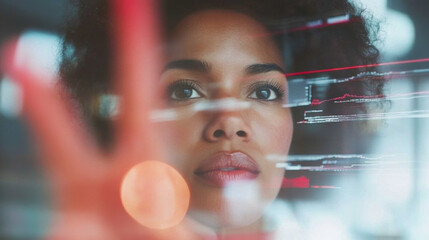 Focused woman interacting with digital interface, showcasing technology and innovation. Her expression reflects determination and curiosity in modern workspace