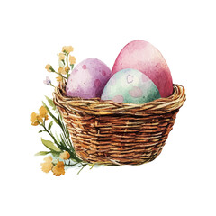 Easter Basket with Colorful Eggs and Flowers Hand Painted