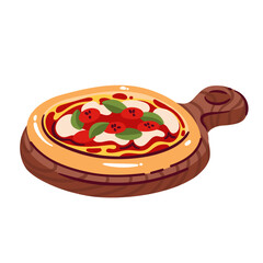 Whole cartoon pizza on wooden board serving. Funny rustic plate with traditional Italian snack for eating. Fast food, pizzeria menu mascot, cartoon gourmet pizza on platter vector illustration