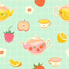 Cute seamless pattern with tea, cups, summer fruits, teapots. Suitable for wrapping, textiles, printing, wallpaper