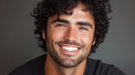 Obraz premium Man with dark curly hair and dimples, radiant and happy smile, natural expression