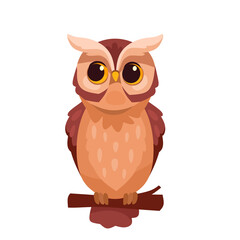 Charming cartoon owl perched on a branch. Cute owl character illustration for children's illustrations, nature-themed design, logo. Cartoon vector owl icon isolated on white background