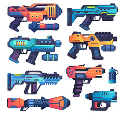 Blaster gun icon set in futuristic space design. Collection of laser handguns and rayguns for sci-fi and gaming themes. Cosmic weapon illustrations isolated on a white background. Vector collection.